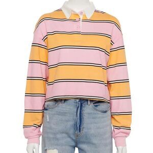 SO Junior's Collard Long Sleeve Cropped Polo Shirt- Orange/Pink Stripe Sz LARGE